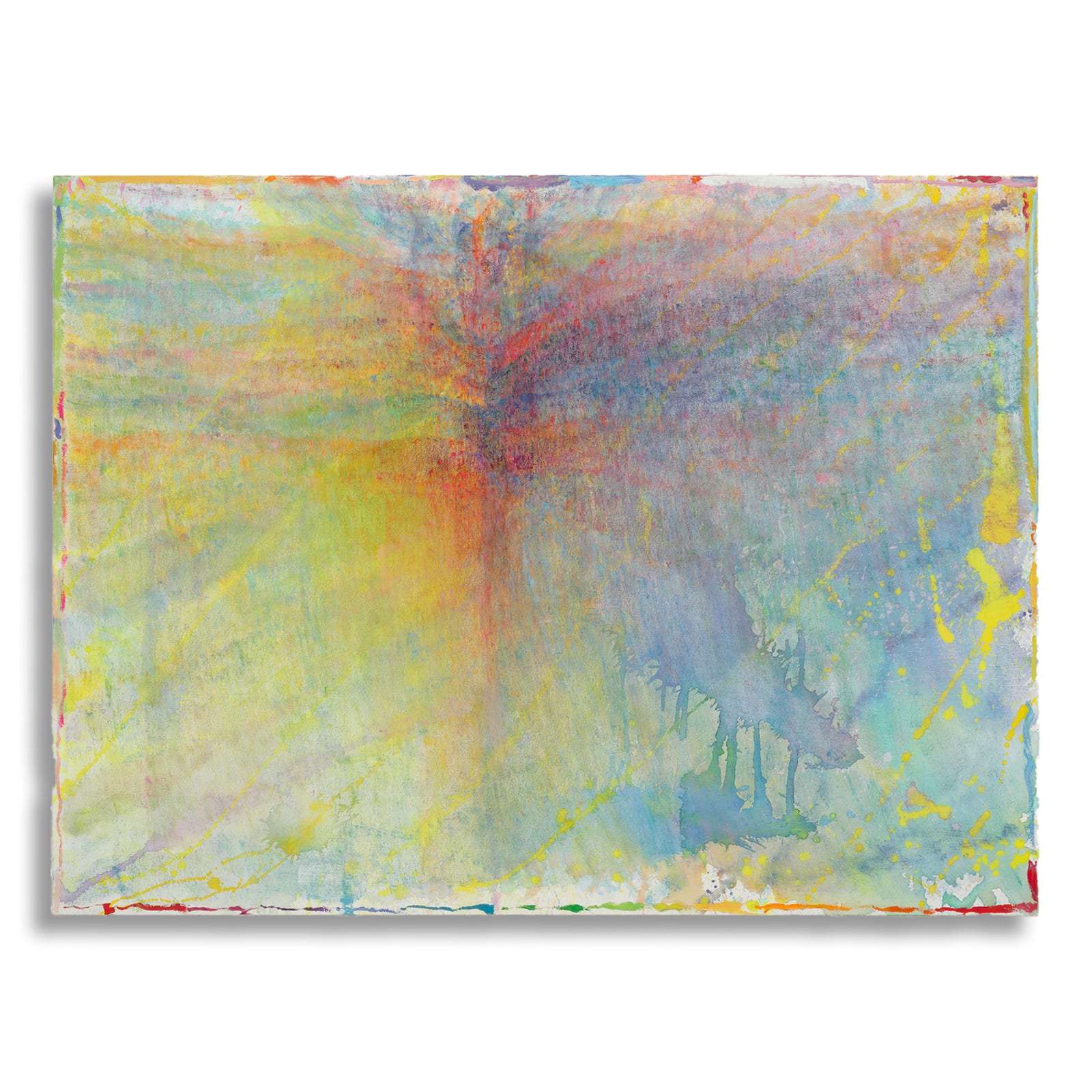 Abstract painting by Rema Ghuloum in soft layers of yellow, blue, and violet, radiating from a central luminous axis.