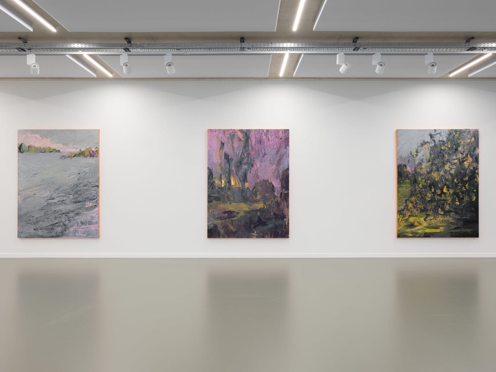 Oil painting by Nils Verkaeren, Sinking Before The Curve (2025). Pale grey and rose tones blend into a horizon-like abstraction, suggesting reflection, gravity, and light merging on water.