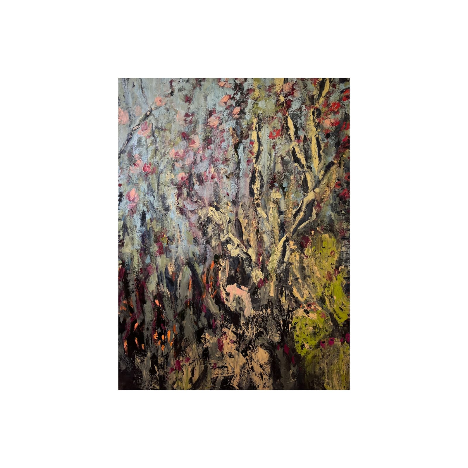 Locked by Water I (2023), oil painting by Nils Verkaeren. A dense, vertical abstraction of cactus and foliage in green, ochre, and crimson tones against a silvery, atmospheric background.