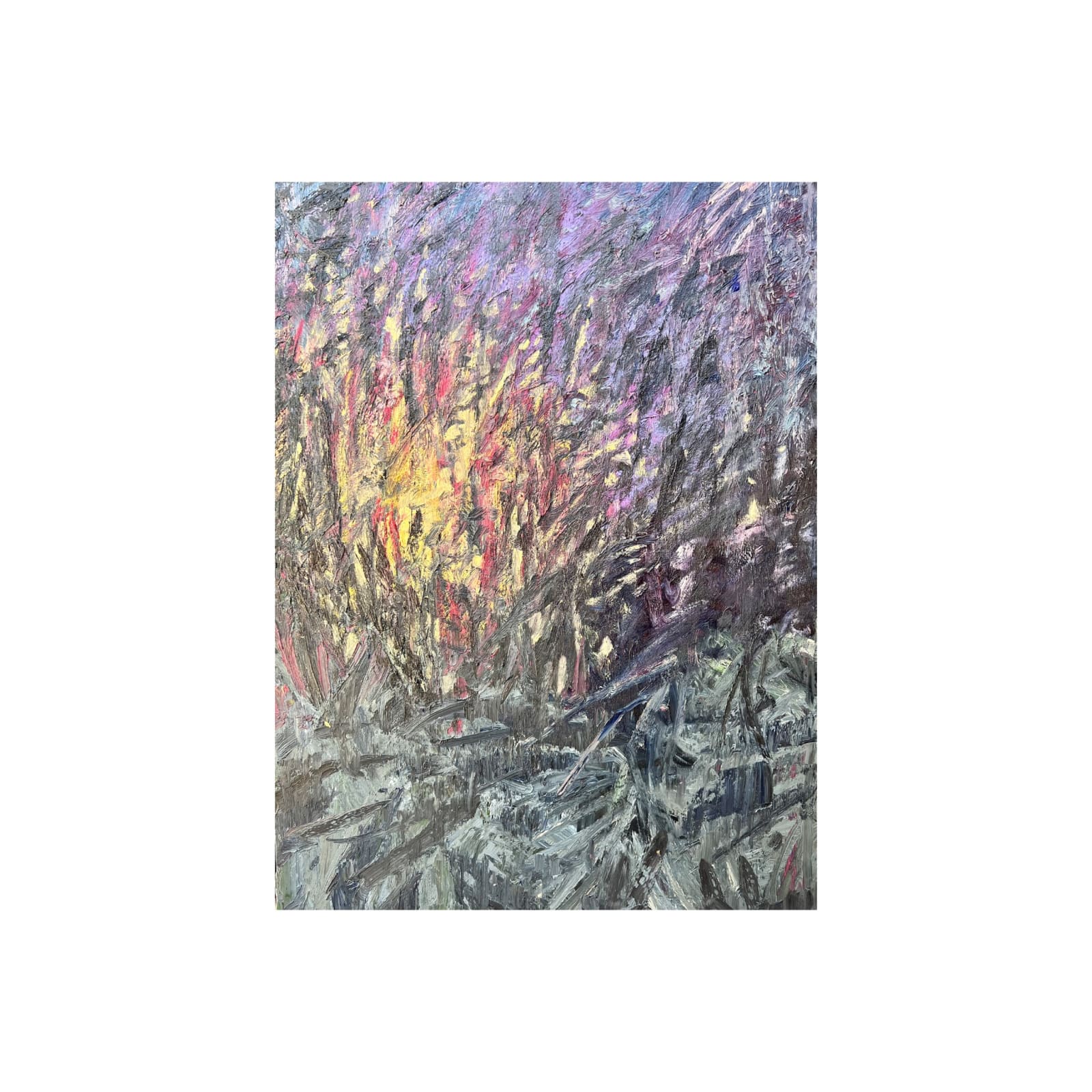 Abstract oil painting by Nils Verkaeren depicting a desert landscape at sunset, with textured strokes in violet, yellow, and grey. Painted en plein air in southern Spain. From the Locked by Water series.