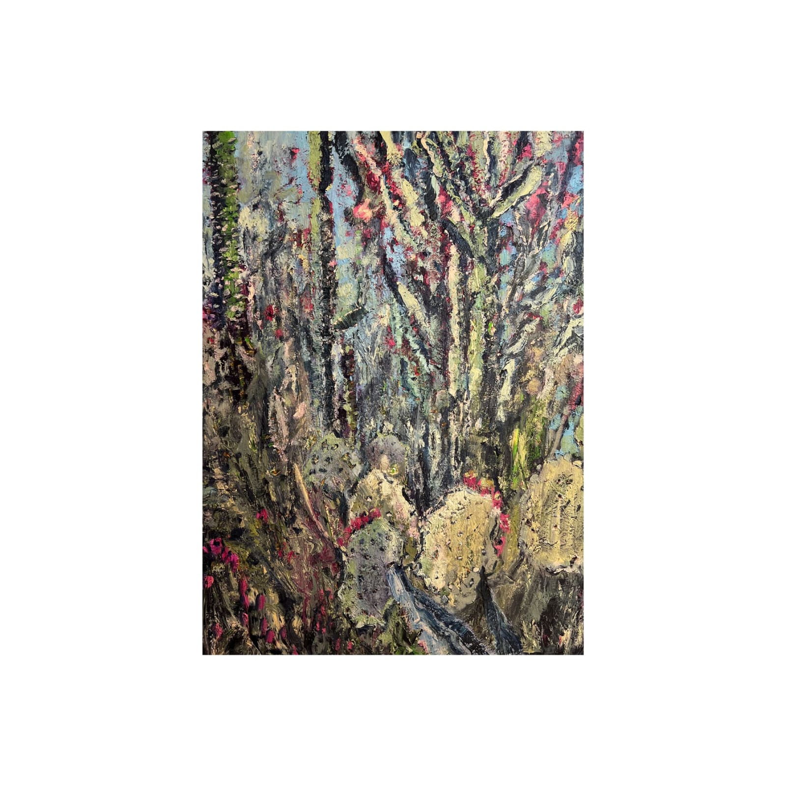 Thickly textured abstract painting of desert vegetation by Nils Verkaeren, with cacti and dry flora in earthy greens, reds, and dusky blues. Painted in southern Spain during a plein air residency. From the Locked by Water series.