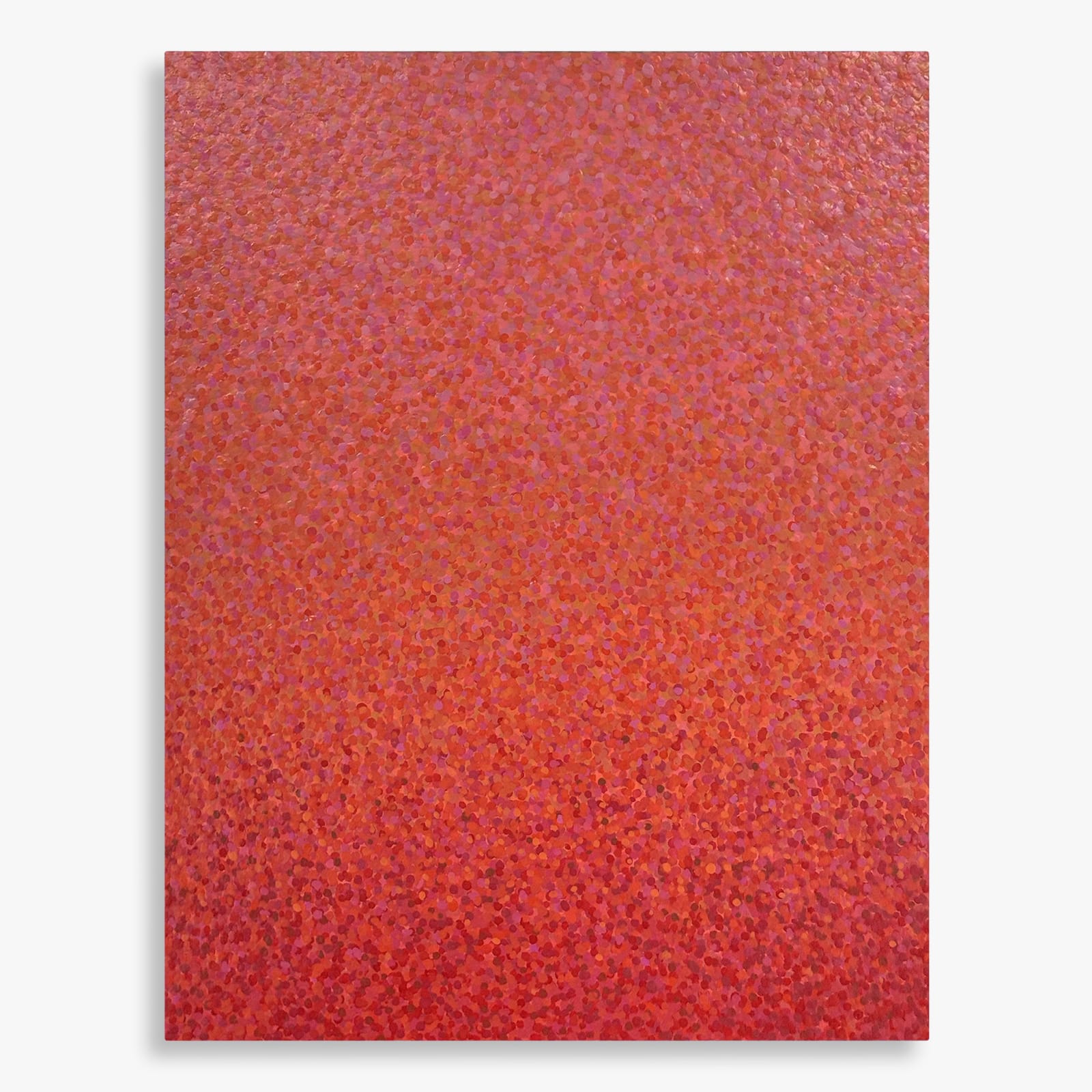 Acrylic painting D012, 2025 by Cyrielle Gulacsy, showing a densely layered red-orange pointillist surface on wood.