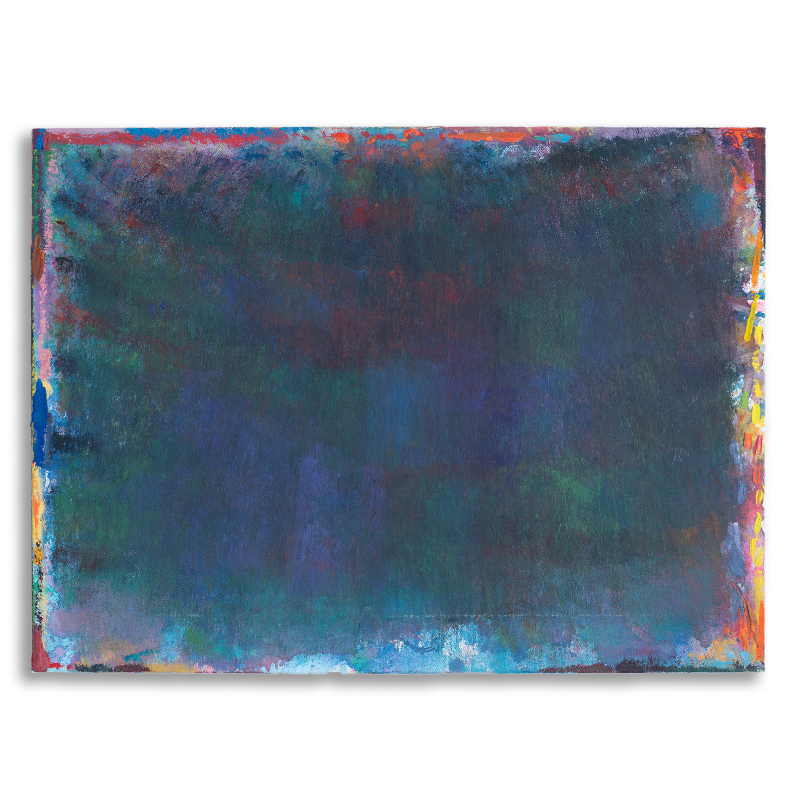 Abstract painting by Rema Ghuloum showing deep layered hues of violet, green, and blue, with traces of vivid colour along the edges.