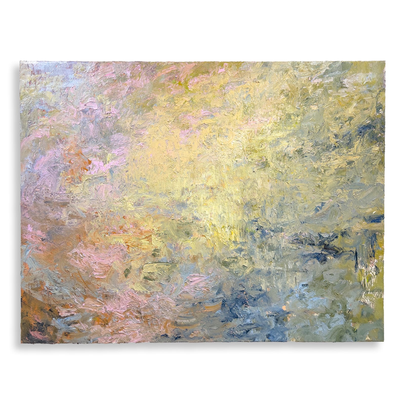 Abstract oil painting by Nils Verkaeren, In Progress (2025). Large horizontal canvas with layered tones of ochre, rose, and muted blue, evoking shifting light and the passage of time.
