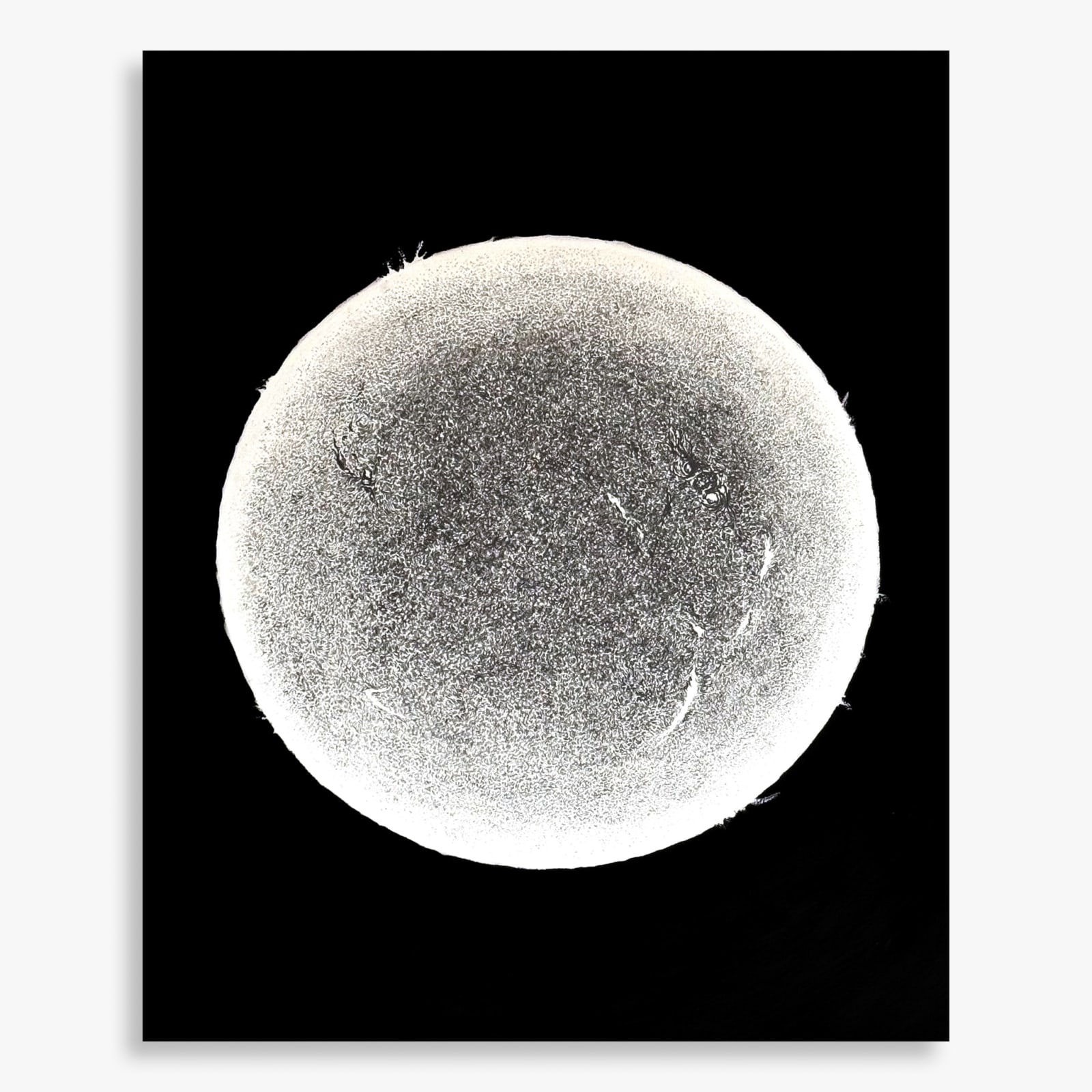Graphite drawing SUN 01 (H Alpha) by Cyrielle Gulacsy, showing a textured circular field on black ground, referencing a solar imaging method.