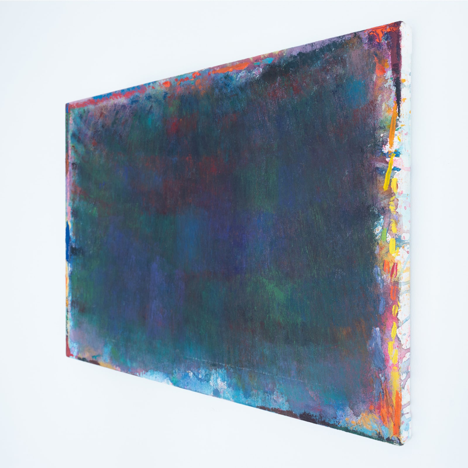 Abstract painting by Rema Ghuloum showing deep layered hues of violet, green, and blue, with traces of vivid colour along the edges.