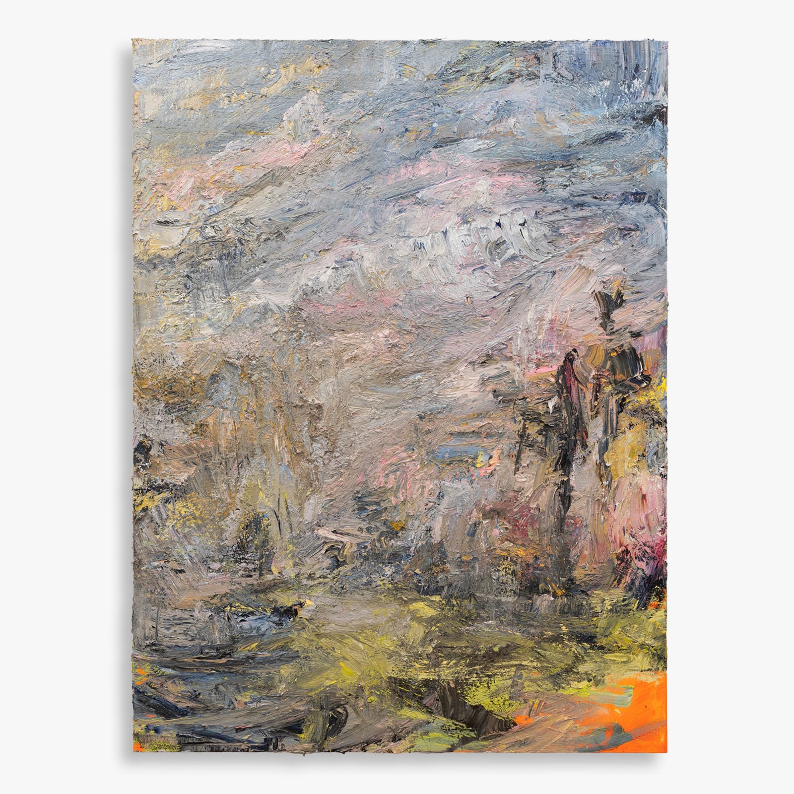 A Day not yet Ended (2025), oil on canvas by Nils Verkaeren. Abstract plein air composition with swirling greys, soft pinks, ochre and vibrant greens. Textured and layered surface from the Blooming Desert series.