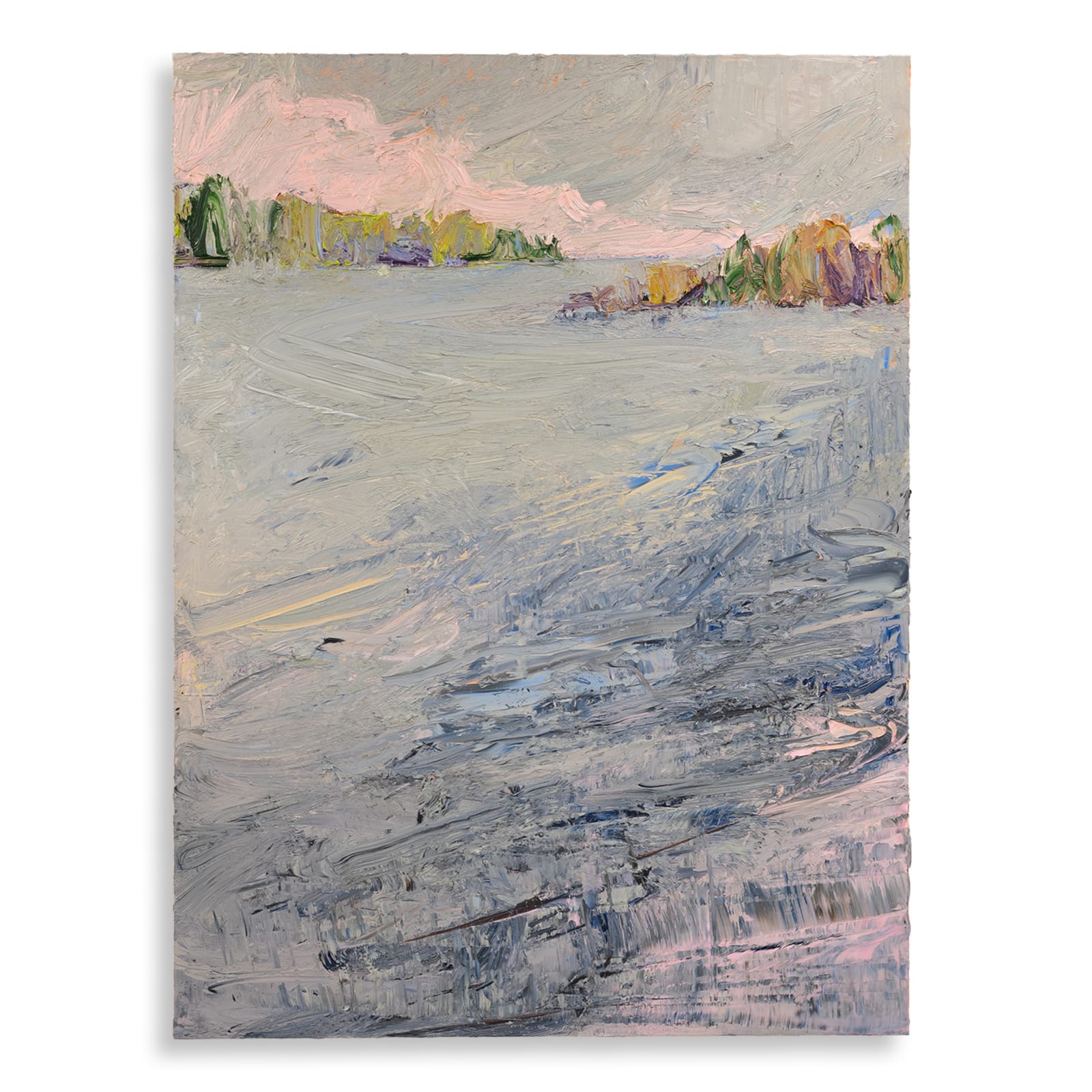 Oil painting by Nils Verkaeren, Sinking Before The Curve (2025). Pale grey and rose tones blend into a horizon-like abstraction, suggesting reflection, gravity, and light merging on water.