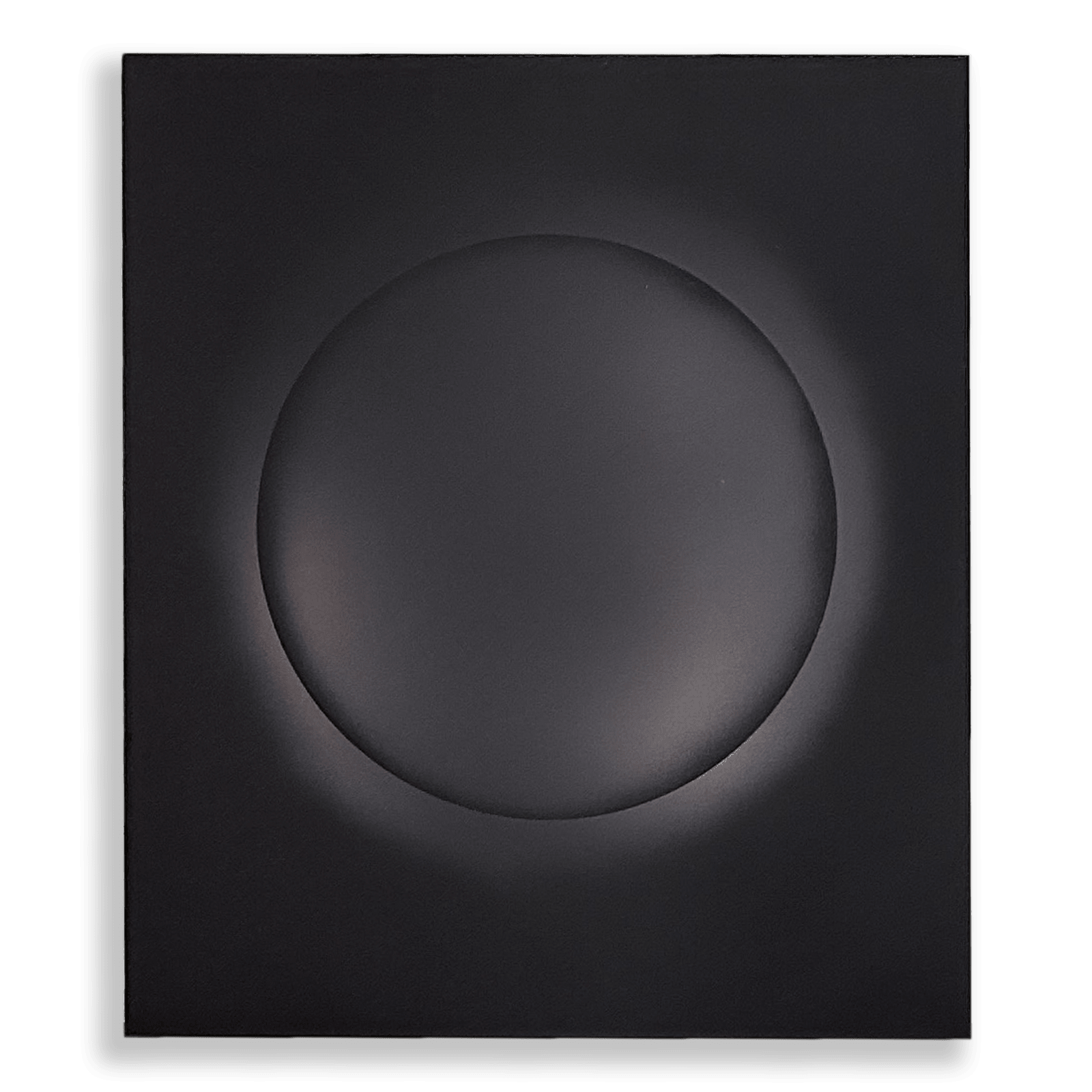Black anodised aluminium relief sculpture by Damien Bénéteau, featuring a central circular form emerging from a flat surface.