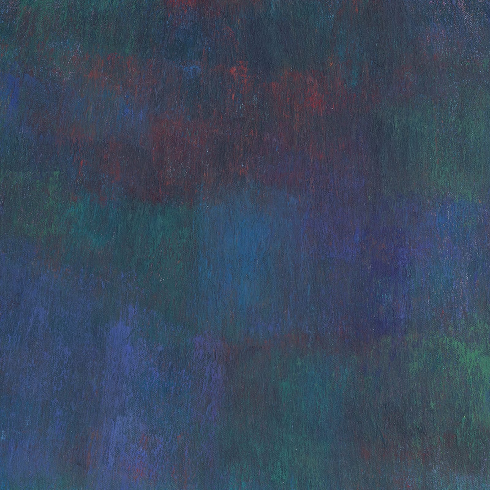 Abstract painting by Rema Ghuloum showing deep layered hues of violet, green, and blue, with traces of vivid colour along the edges.