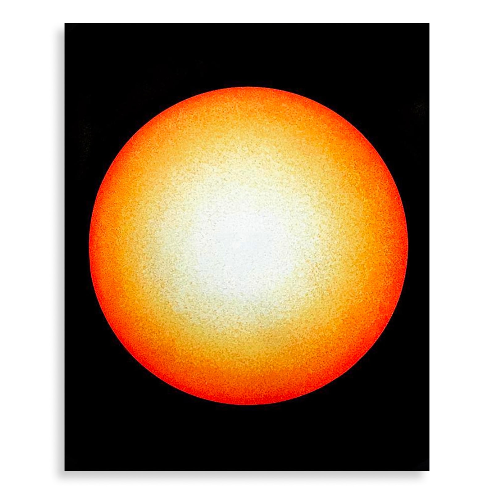 Circular painting by Cyrielle Gulacsy titled SUN 02 (Intensitygram), showing a gradated orb shifting from white to deep orange, centered on a black background.
