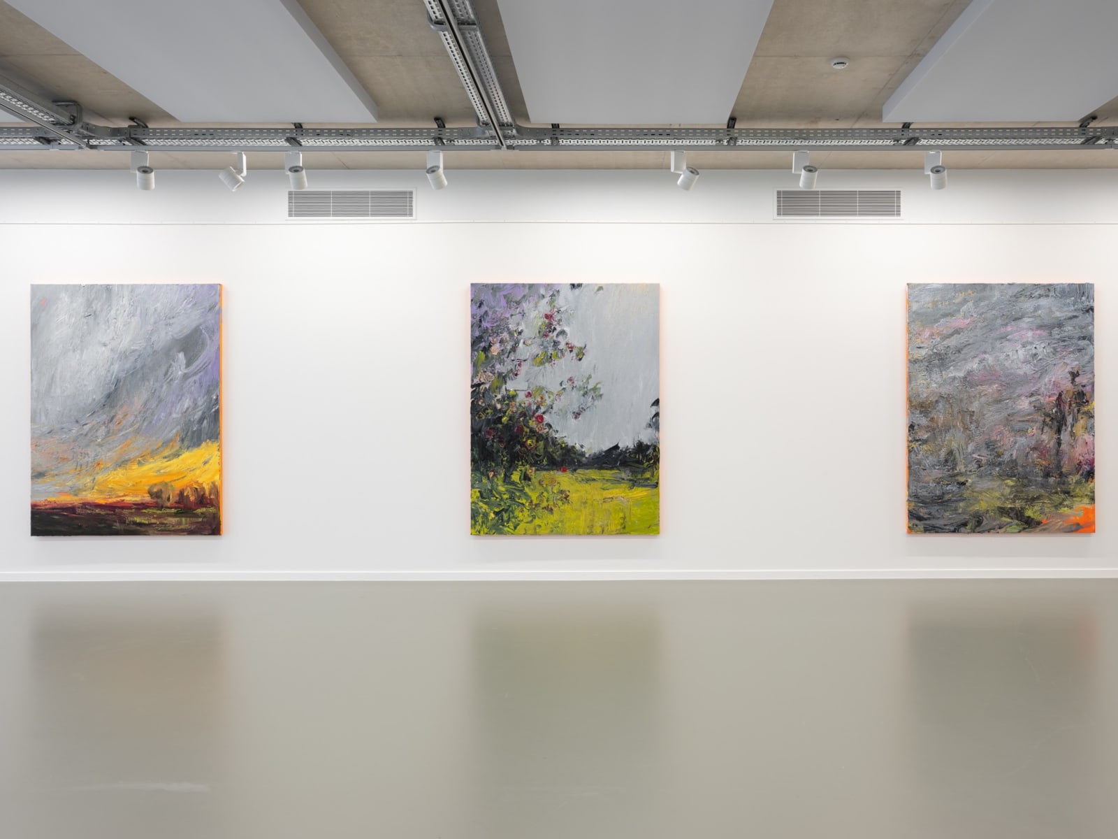 A Day not yet Ended (2025), oil on canvas by Nils Verkaeren. Abstract plein air composition with swirling greys, soft pinks, ochre and vibrant greens. Textured and layered surface from the Blooming Desert series.