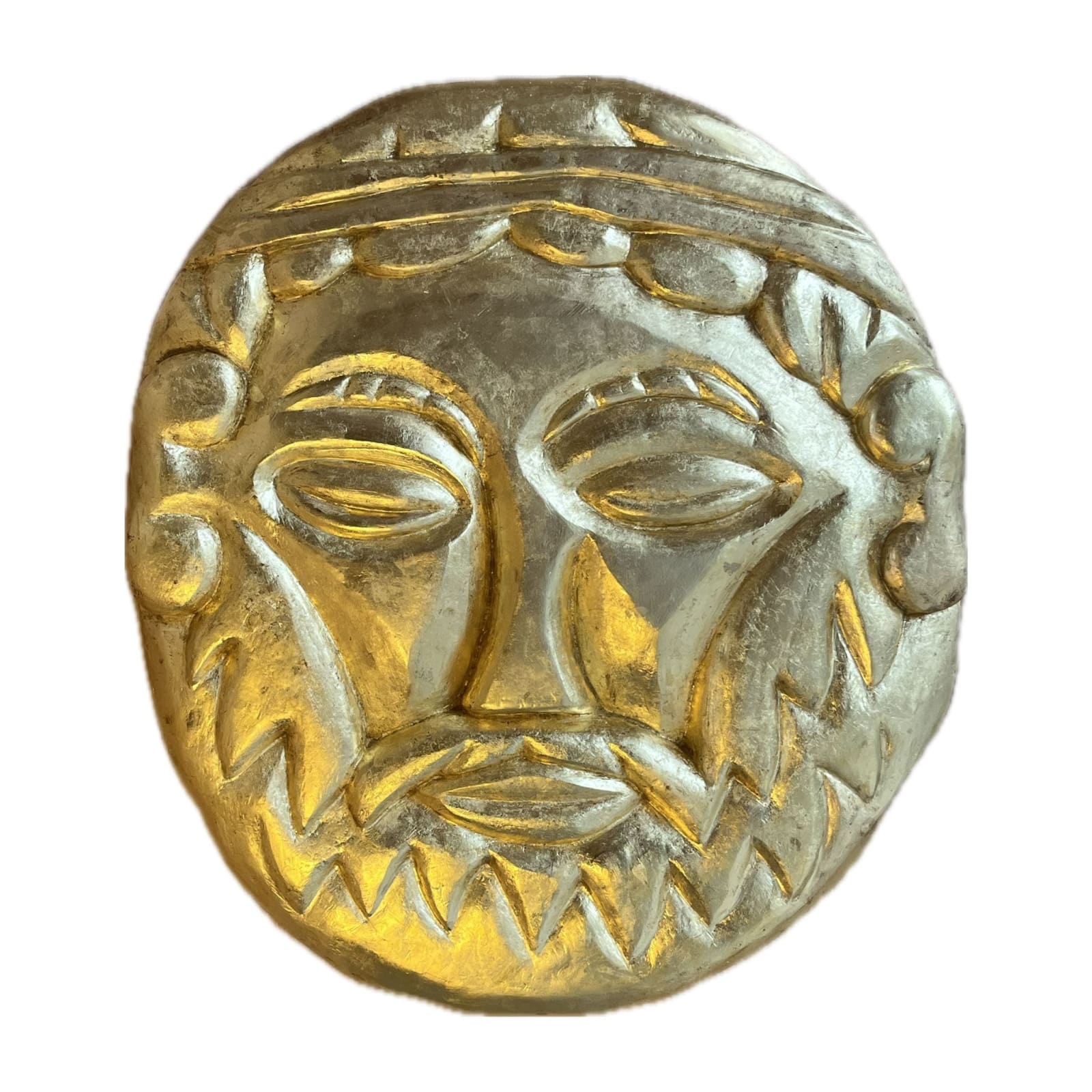 Gold-leaf mask sculpture by Florian Tomballe based on ancient Greek funerary forms.