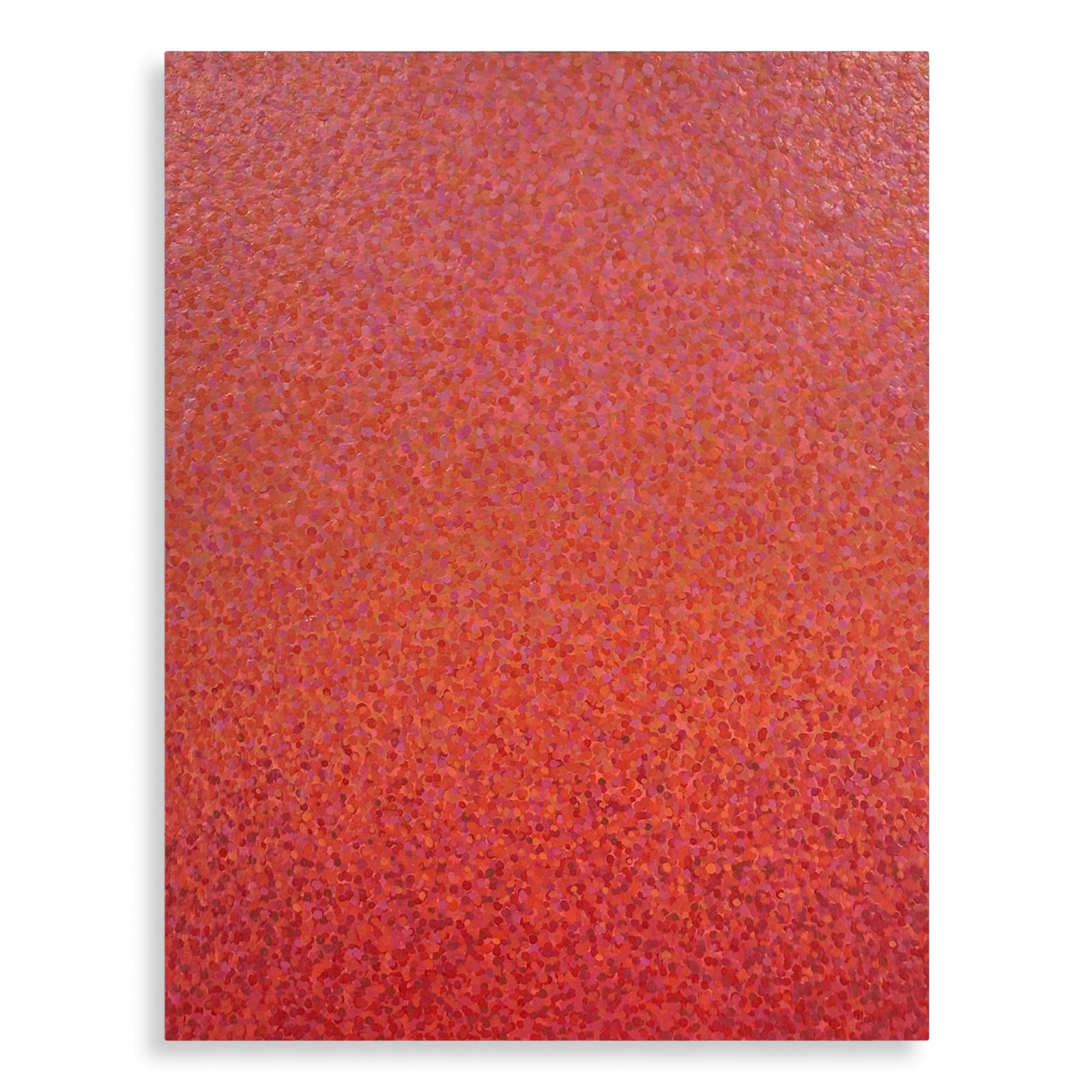 Acrylic painting D012, 2025 by Cyrielle Gulacsy, showing a densely layered red-orange pointillist surface on wood.