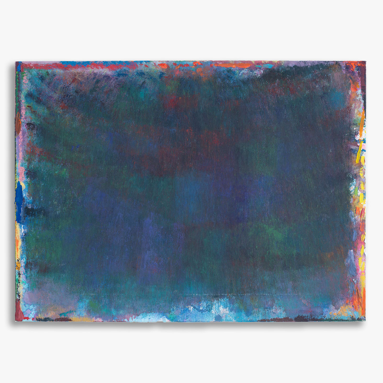 Abstract painting by Rema Ghuloum showing deep layered hues of violet, green, and blue, with traces of vivid colour along the edges.