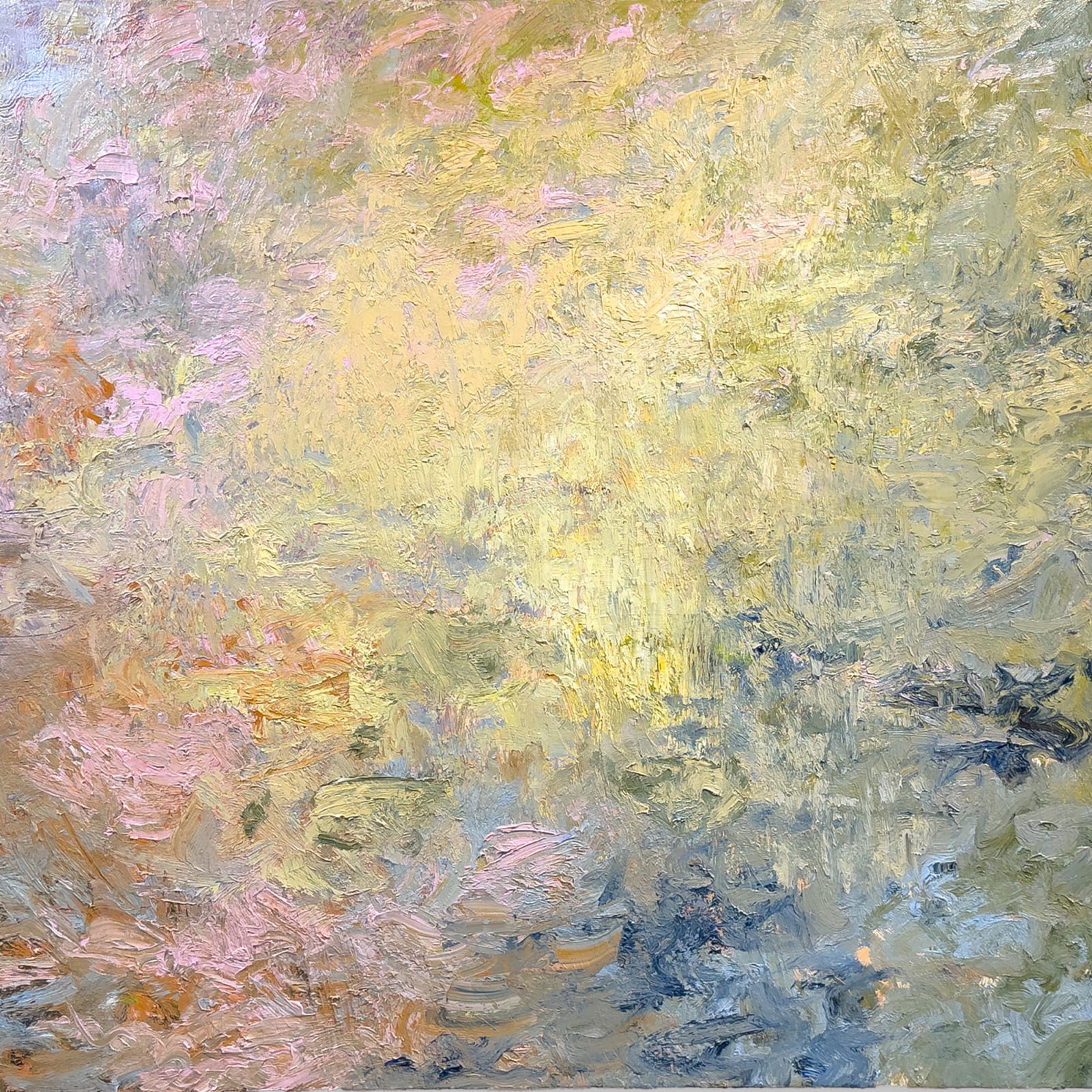 Abstract oil painting by Nils Verkaeren, In Progress (2025). Large horizontal canvas with layered tones of ochre, rose, and muted blue, evoking shifting light and the passage of time.