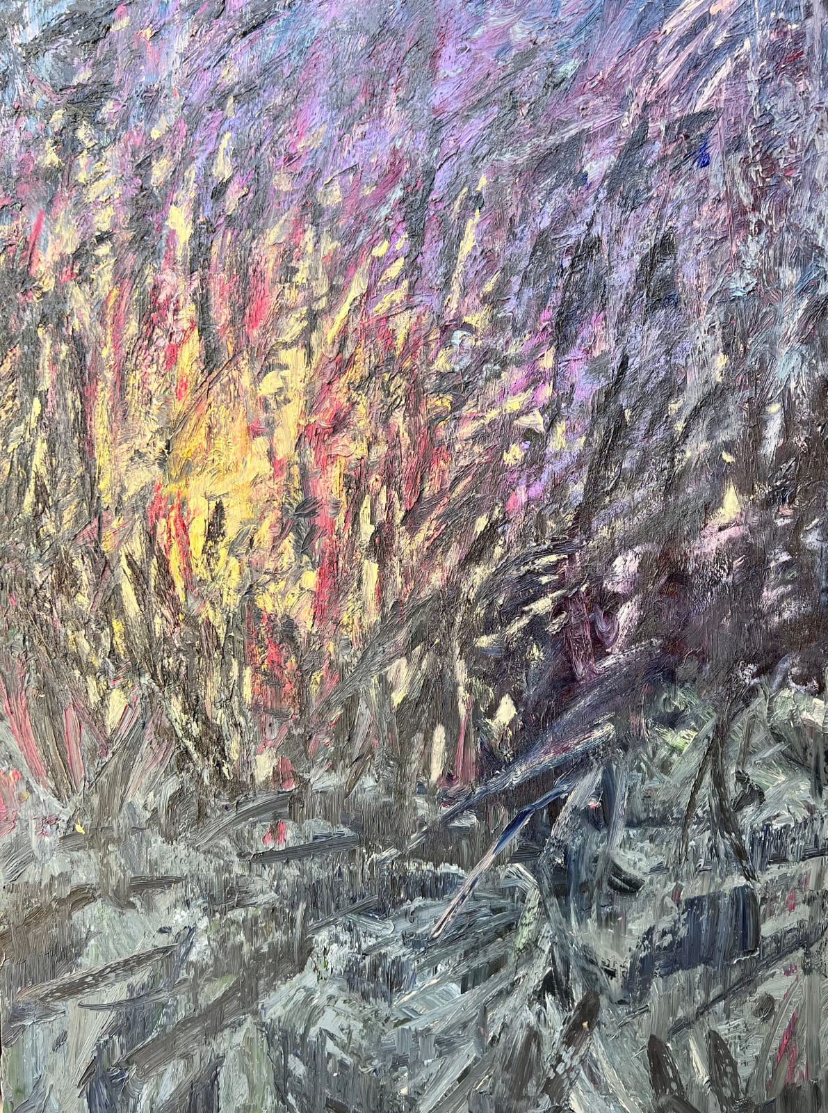 Abstract oil painting by Nils Verkaeren depicting a desert landscape at sunset, with textured strokes in violet, yellow, and grey. Painted en plein air in southern Spain. From the Locked by Water series.