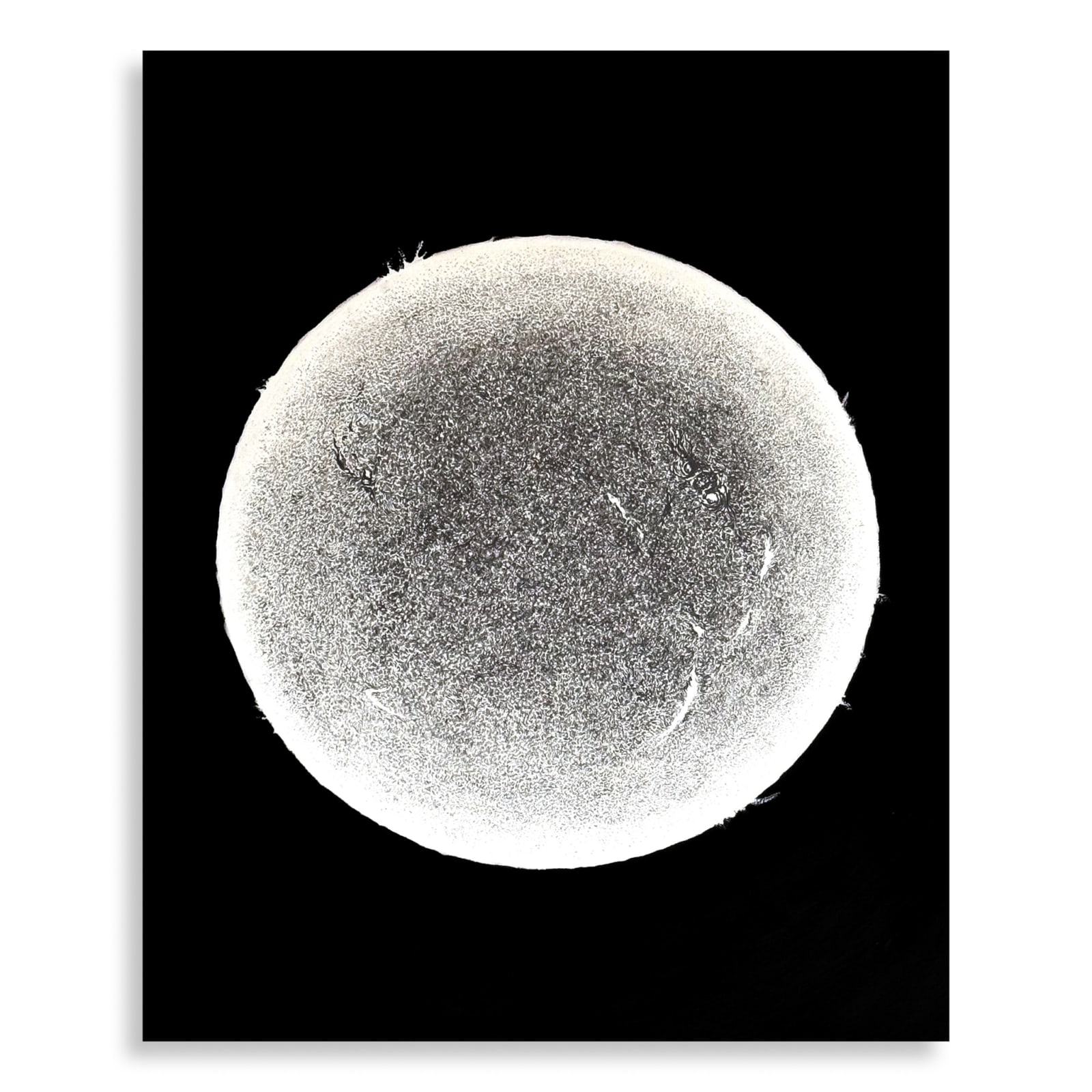 Graphite drawing SUN 01 (H Alpha) by Cyrielle Gulacsy, showing a textured circular field on black ground, referencing a solar imaging method.
