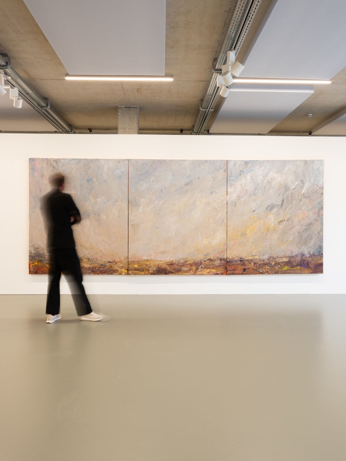 Triptych painting by Nils Verkaeren, The Missing River (2025). Large horizontal oil on canvas in muted greys, ochres, and violets, evoking a vast horizon and withheld presence of the Scheldt.