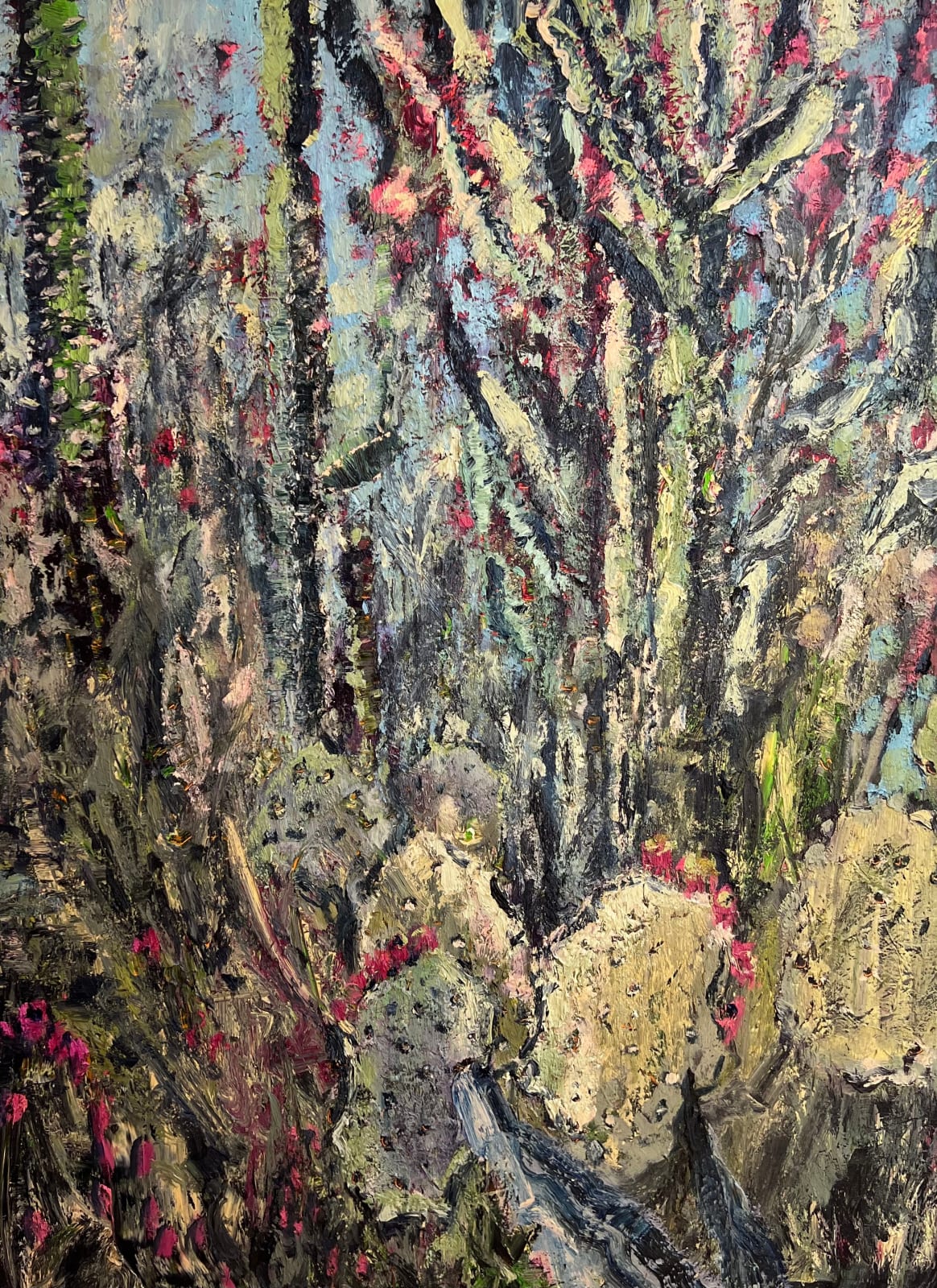 Thickly textured abstract painting of desert vegetation by Nils Verkaeren, with cacti and dry flora in earthy greens, reds, and dusky blues. Painted in southern Spain during a plein air residency. From the Locked by Water series.