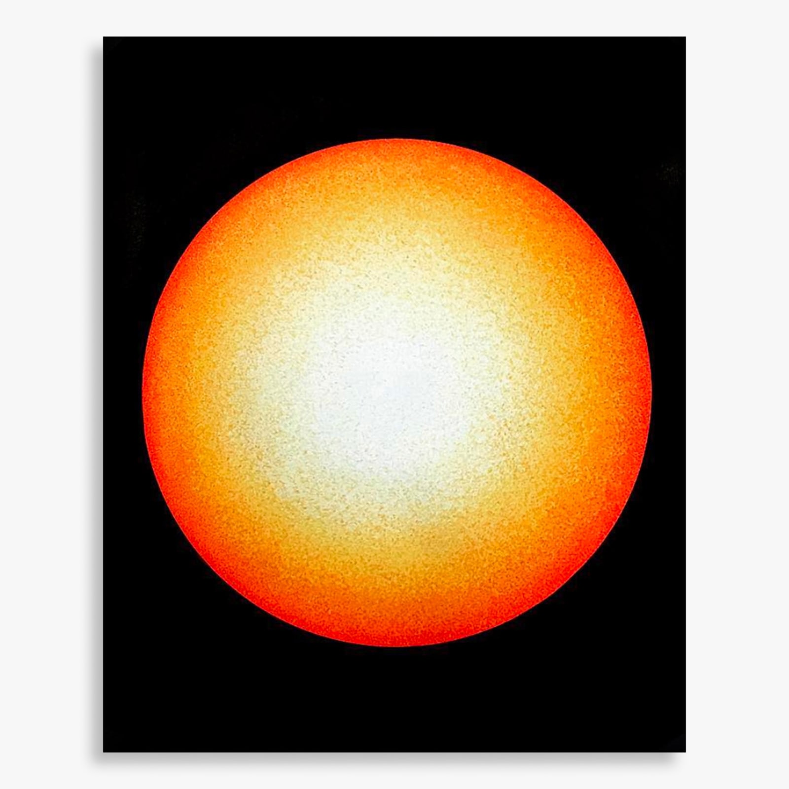 Circular painting by Cyrielle Gulacsy titled SUN 02 (Intensitygram), showing a gradated orb shifting from white to deep orange, centered on a black background.