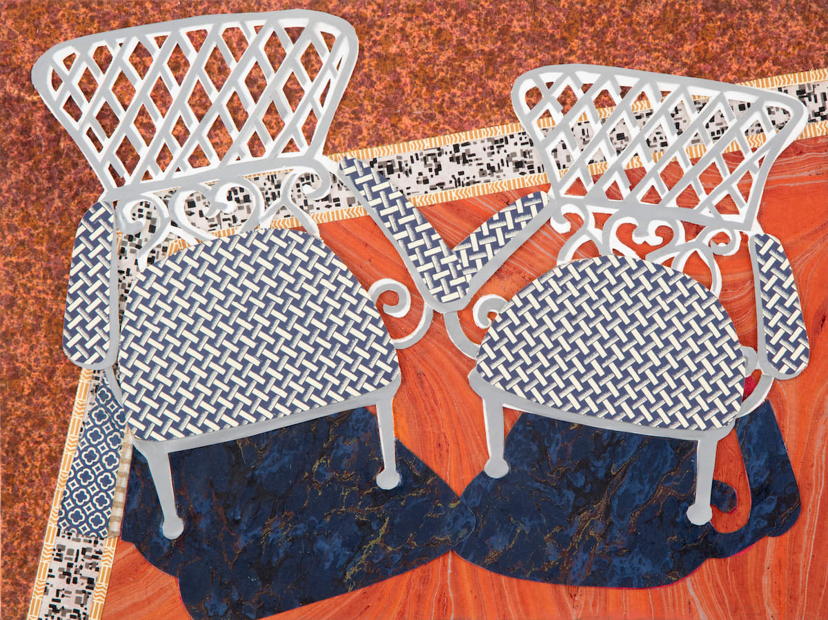 Garden chairs, 2016 Artwork is signed on the back Paper collage on board