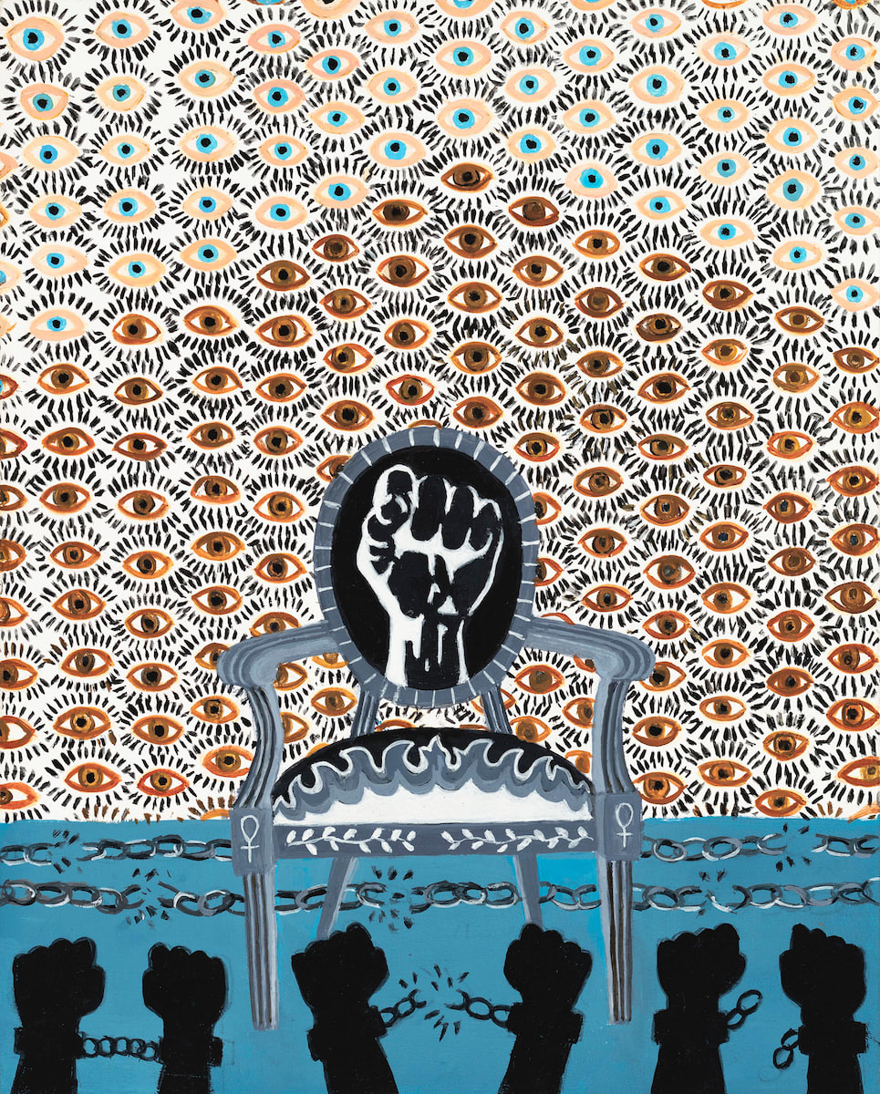 The World is Watching (Covid Chair Series #4), 2020 Artwork is signed on the back Gouache on board