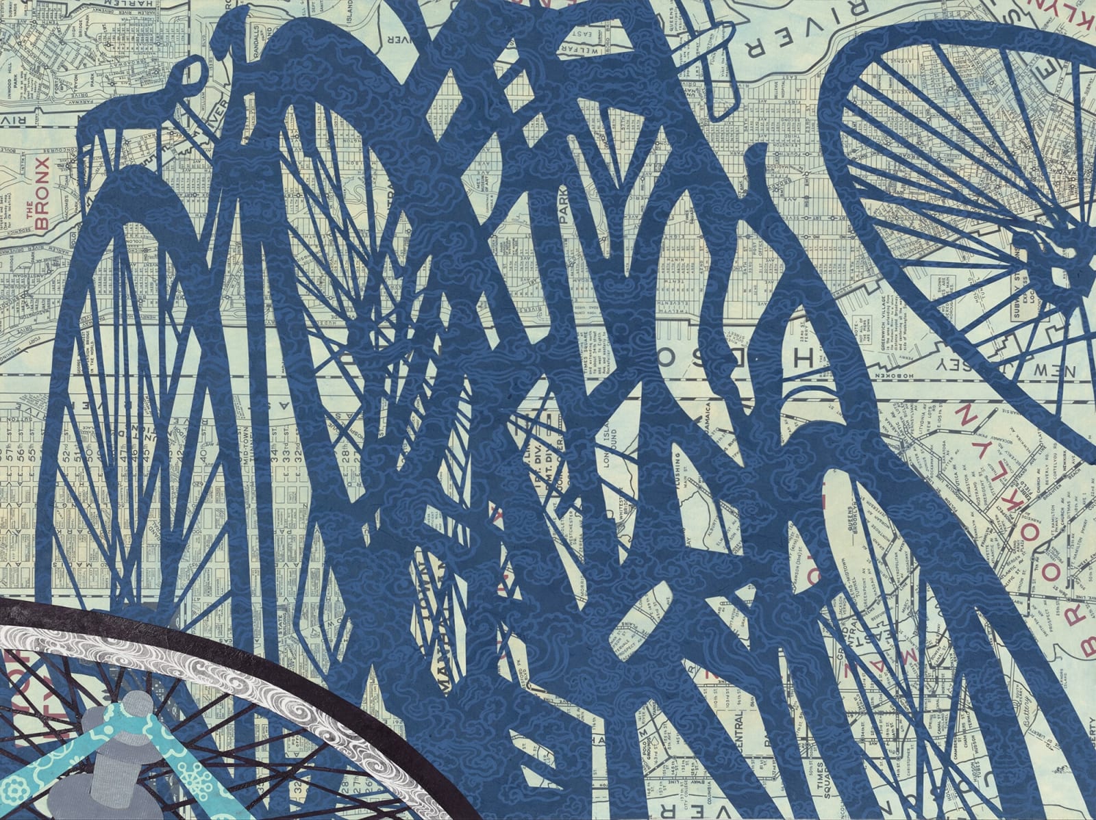 The Blues, 2021 Map of New York City, gouache and paper on board