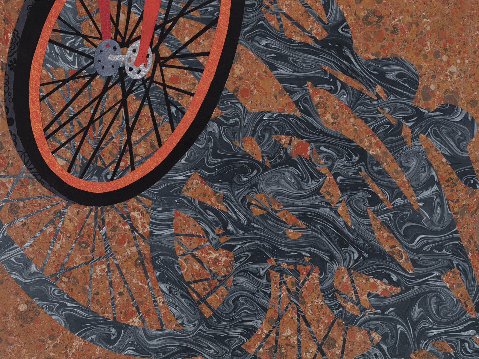 Orange Wheels, 2021 Handmade paper collage on board
