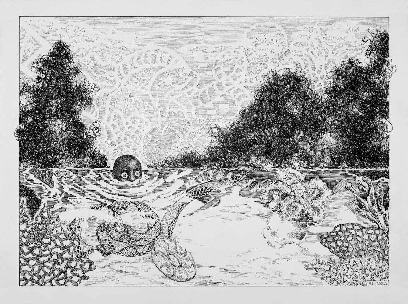 Strange shapes of the unwarped primal world, 2020 Initial and date on recto Ink on paper