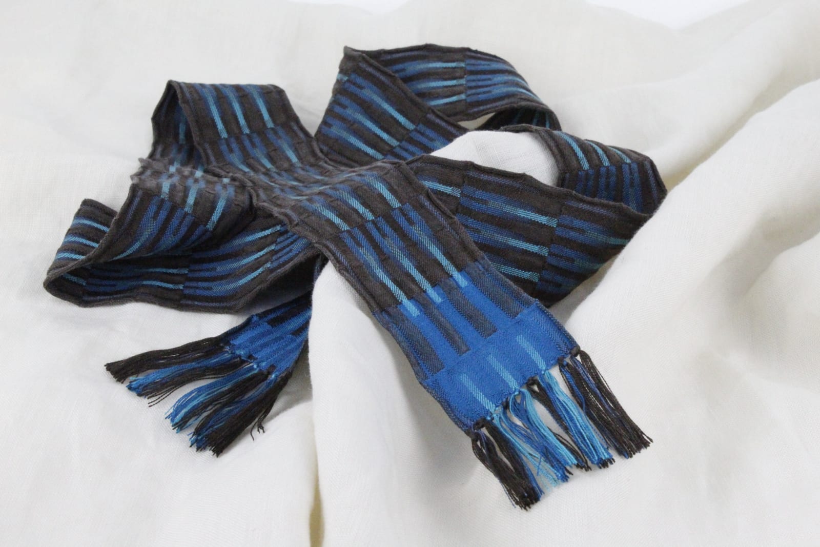 Jennifer Shellard, Silk Tie: Dark Chocolate Brown Blue & turquoise warp, 2021