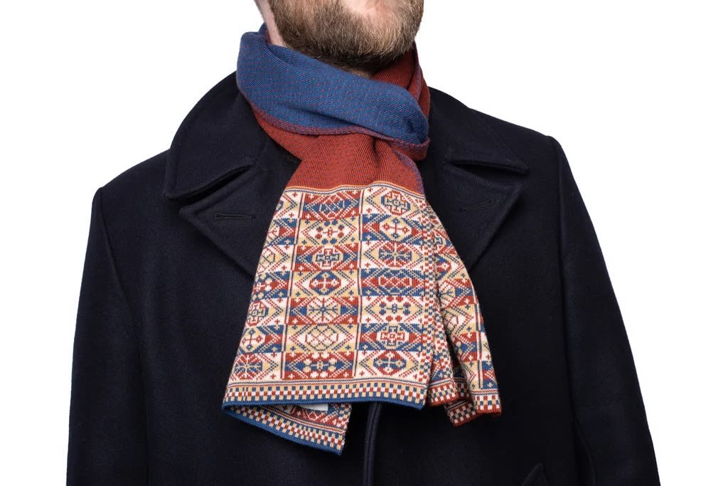 BAKKA, Design 4 - Heritage Scarf with blue and rust centre, 2024