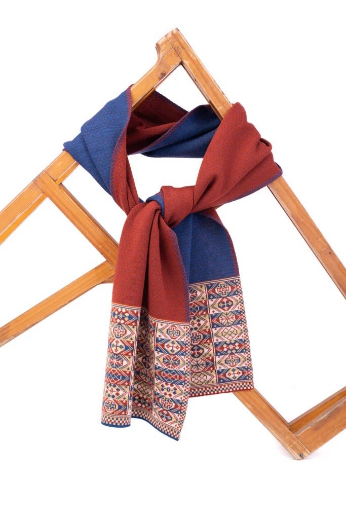 BAKKA, Design 4 - Heritage Scarf with blue and rust centre, 2024