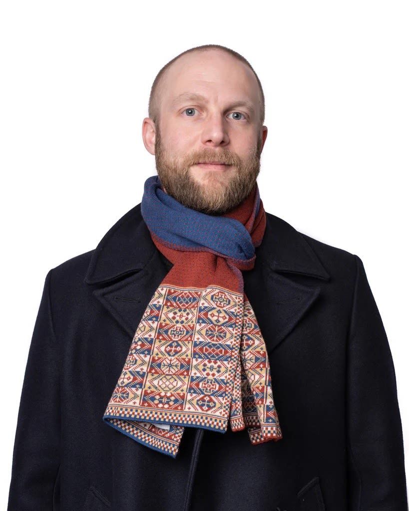 BAKKA, Design 4 - Heritage Scarf with blue and rust centre, 2024