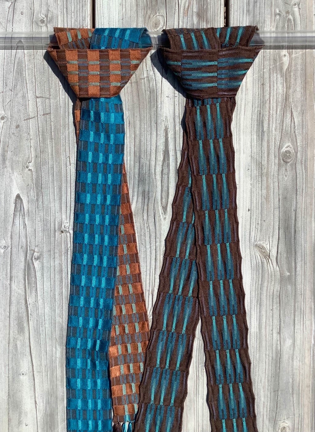 Jennifer Shellard, Silk Tie: Dark Chocolate Brown Blue & turquoise warp, 2021