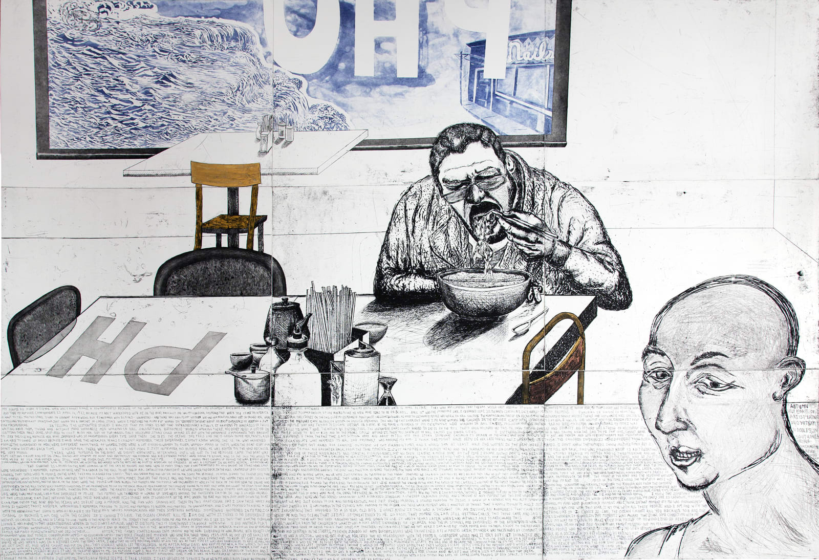 Daniel Heyman, Fall: Artist Eats Pho, 2011