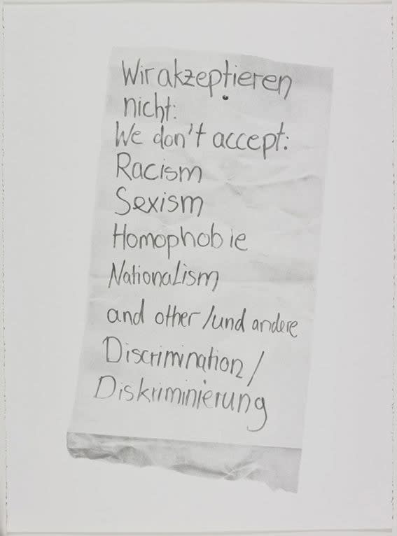 Andrea Bowers, Poster in Welcome Center Refugee Strike Oranienplatz Berlin, 2013, 2013