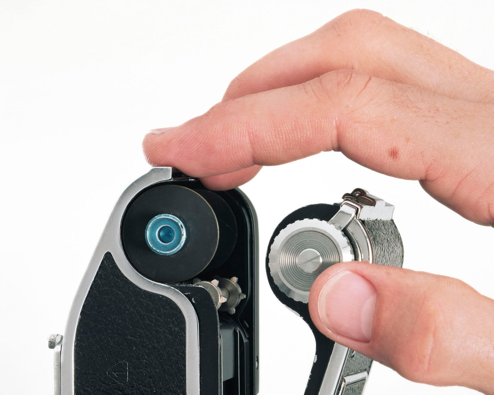 Christopher Williams, Fig. 1: Opening the camera back Exakta Varex IIa 35 mm film SLR camera Manufactured by Ihagee Kamerawerk Steenbergen & Co, Dresden, German Democratic Republic Body serial no. 979625 (Production period: 1960 - 1963) Carl Zeiss Jena Tessar 50mm f/2.8 lens Manufactured by VEB Carl Zeiss Jena, Jena, German Democratic Republic Serial no. 8034351 (Production period: 1967 - 1970) Model: Christoph Boland Studio Thomas Borho, Oberkasseler Str. 39, Düsseldorf, Germany June 29th, 2012, 2012