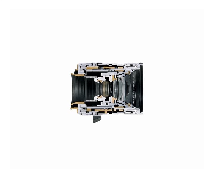 Christopher Williams, Cutaway of a LEICA TRI-ELMAR-M28-35-50 mm f/4 ASPH.Angle of view:Focal lenght 28 mm: 75°, 65°, 46°Focal length 35 mm: 63°, 54°, 38°Focal length 50 mm: 47°, 40°, 27°Optical design: 8 elements in 6Aperture: f/4 (largest) f/22 (smallest)Scale: combined meter/feet-incrementsLeica M quick-change bayonetFocusing range: 1m to InfinitySmallest object field:Focal length 28 mm: 750 x 1130 mmFocal length 35 mm: 620 x 930 mmFocal length 50 mm: 430 x 650 mmHighest reproduction ratio:Focal length 28 mm: 1:31Focal length 35 mm: 1:26Focal length 50 mm: 1:18Lens produced between: 1998 and 2007Date of the cut: unknownFotostudio Axel Gnad, Düsseldorf,February 13, 2009 (color), 2009