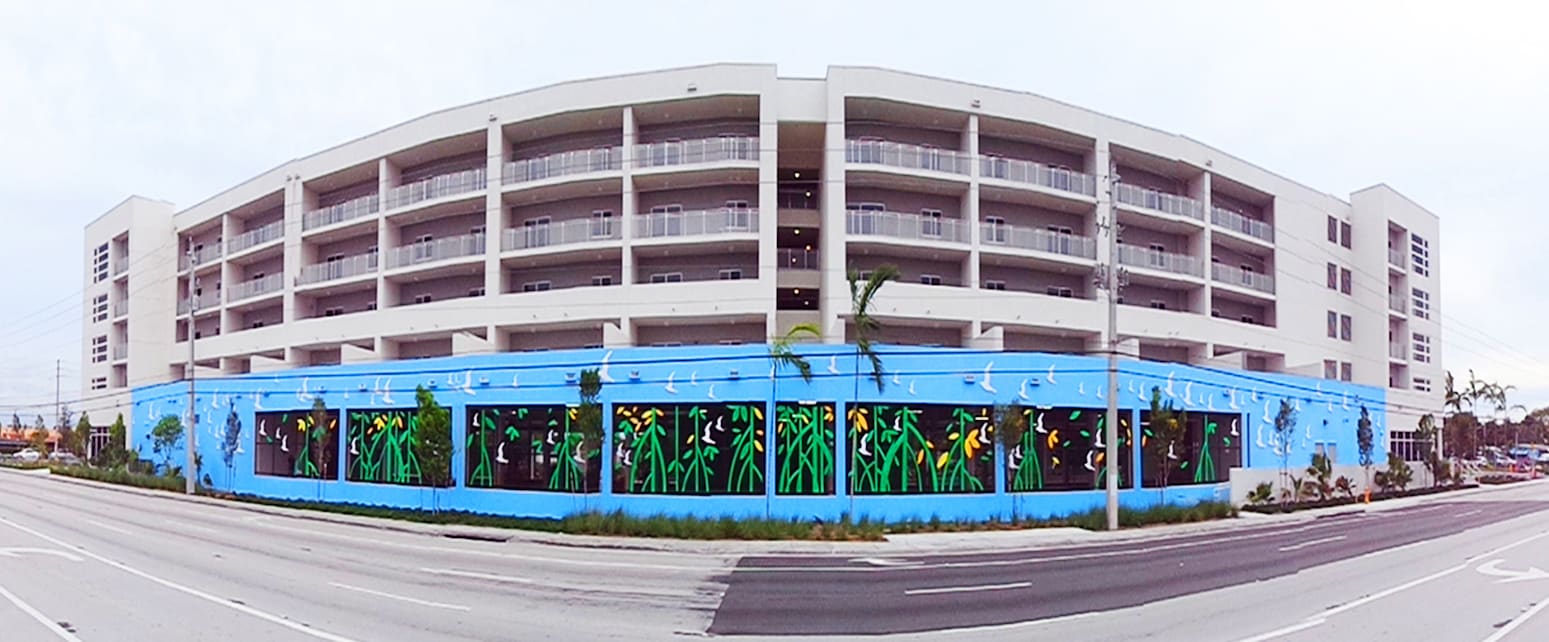 Carlos Betancourt in collaboration with Alberto Latorre, ForEverglades, Gran Via housing project, (Public Art Commission) Full view from street, 2014