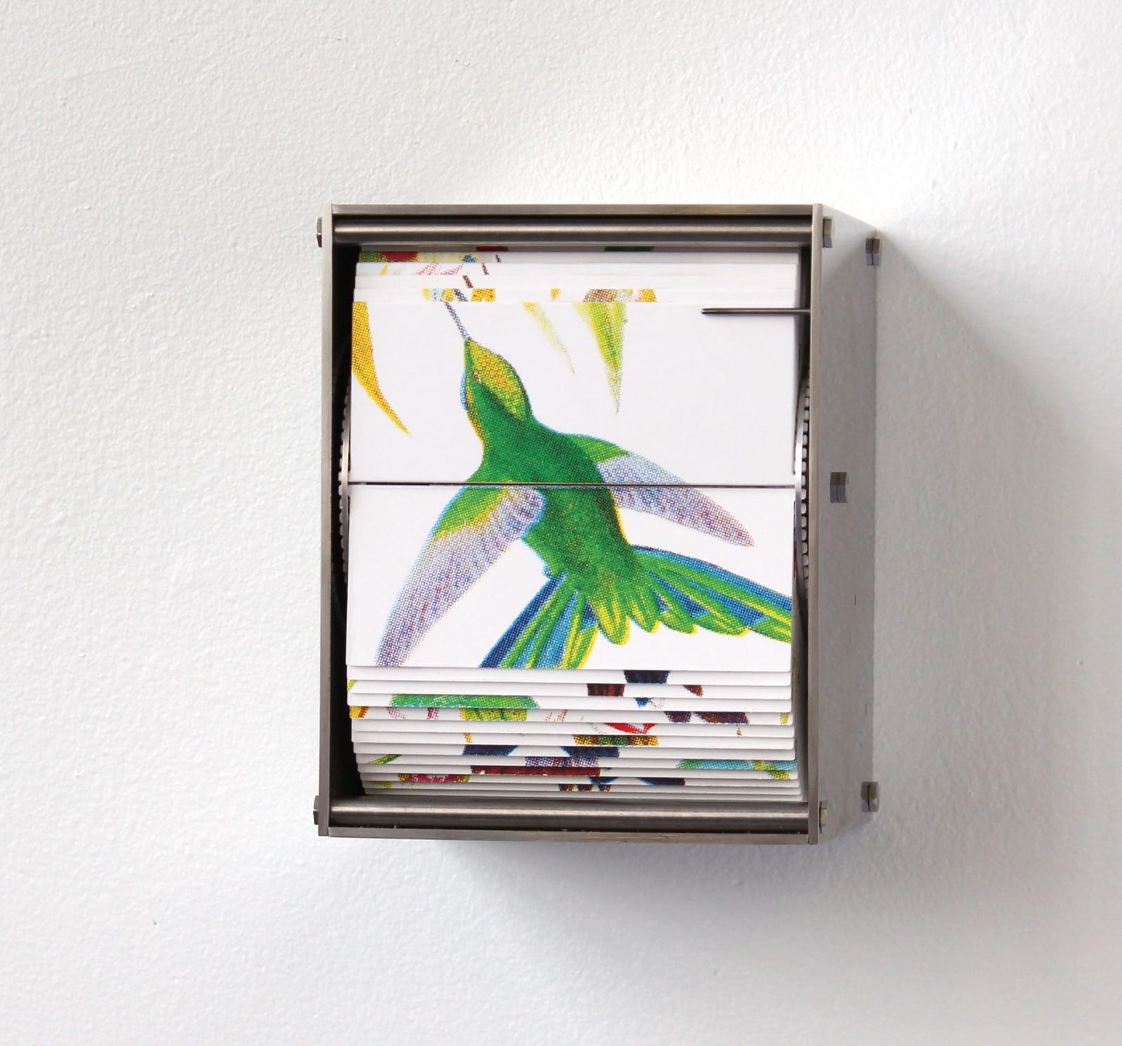 J.C. Fontanive Ornithology L, 2018 four-color screen print on Bristol paper, stainless steel, motor and electronics 5.25 x 4.25 x 4 inches (FONT 3)