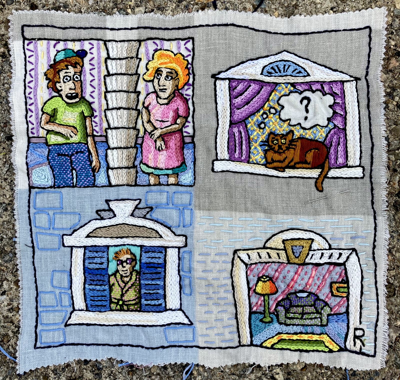 Roz Chast Four Windows, 2021 hand embroidery 12.5 x 12.5 inches (CHAST 272)
