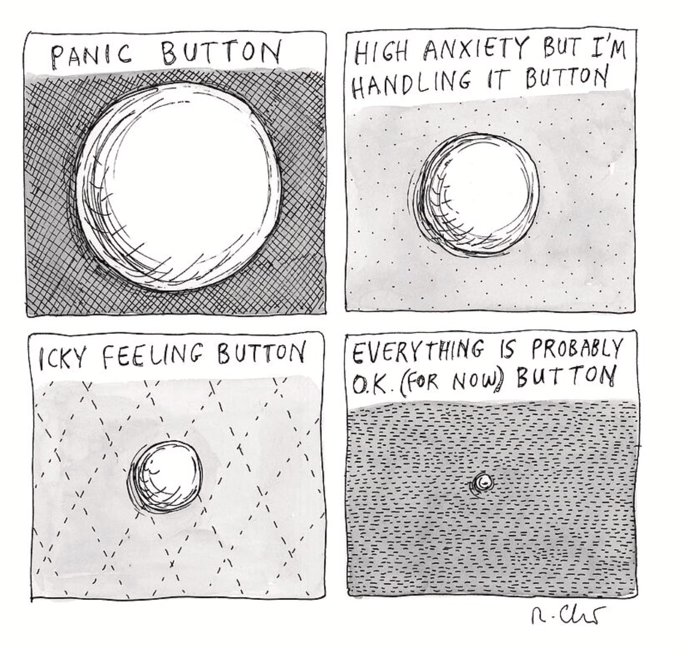 Four buttons of different sizes which are labeled as follows:“PANIC BUTTON,“HIGH ANXIETY, BUT I’M HANDLING IT BUTTON,” “ICKY FEELING BUTTON,” and“EVERYTHING IS PROBABLY O.K. (FOR NOW) BUTTON”.