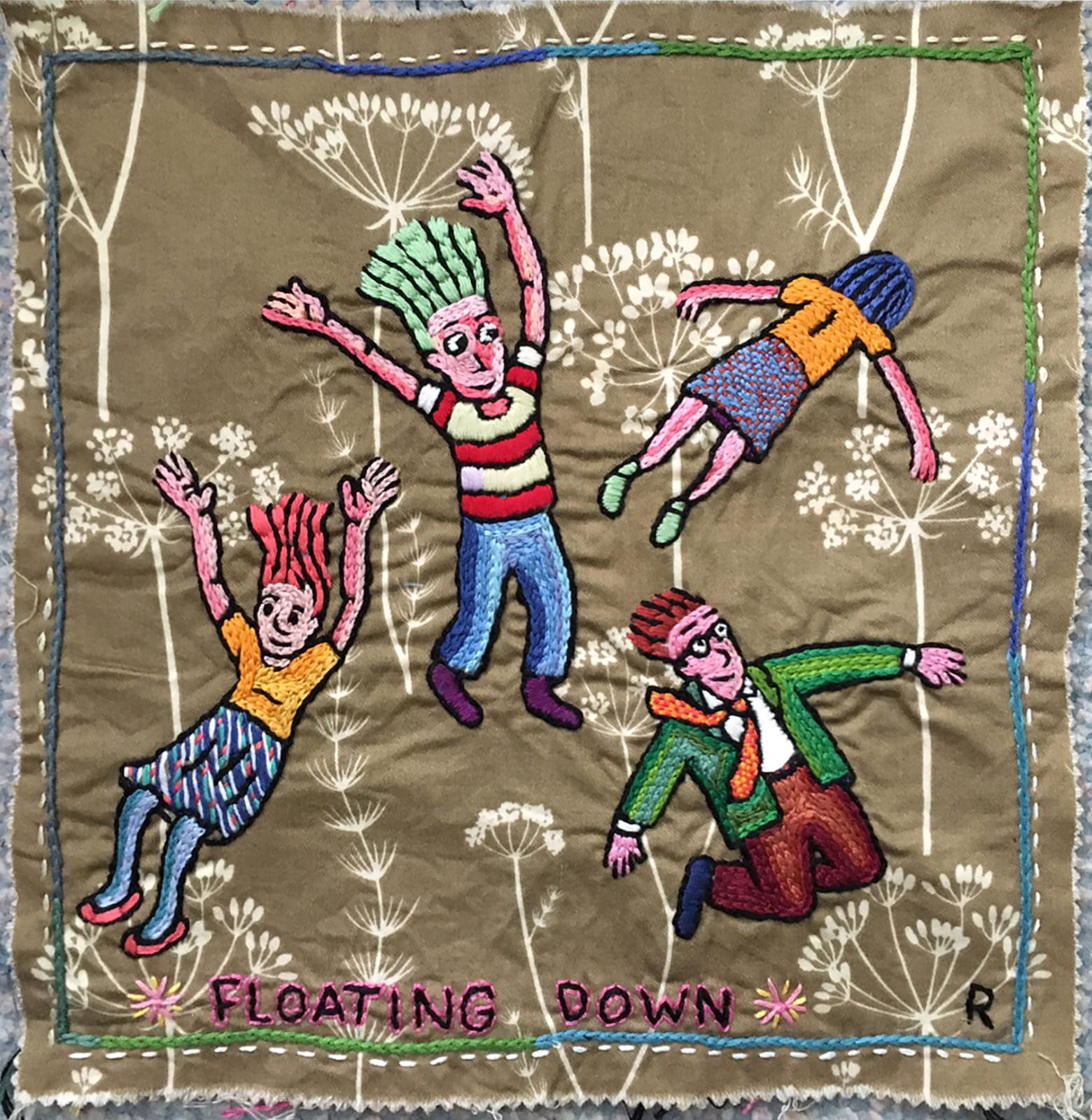 Roz Chast Floating, 2020 hand embroidery 12 x 12 inches (CHAST 12)