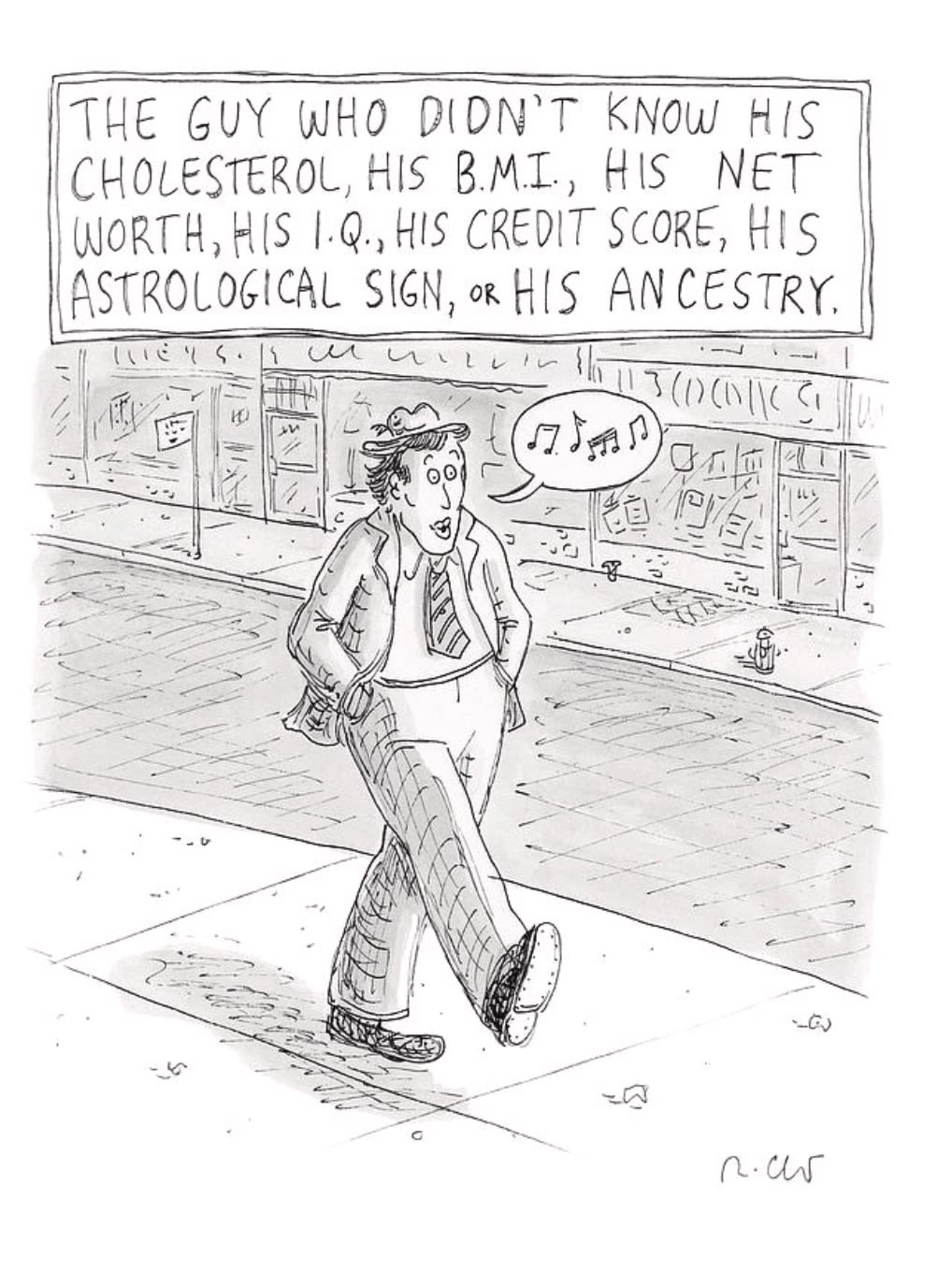 A happy-go-lucky fellow walking down the street whistling.