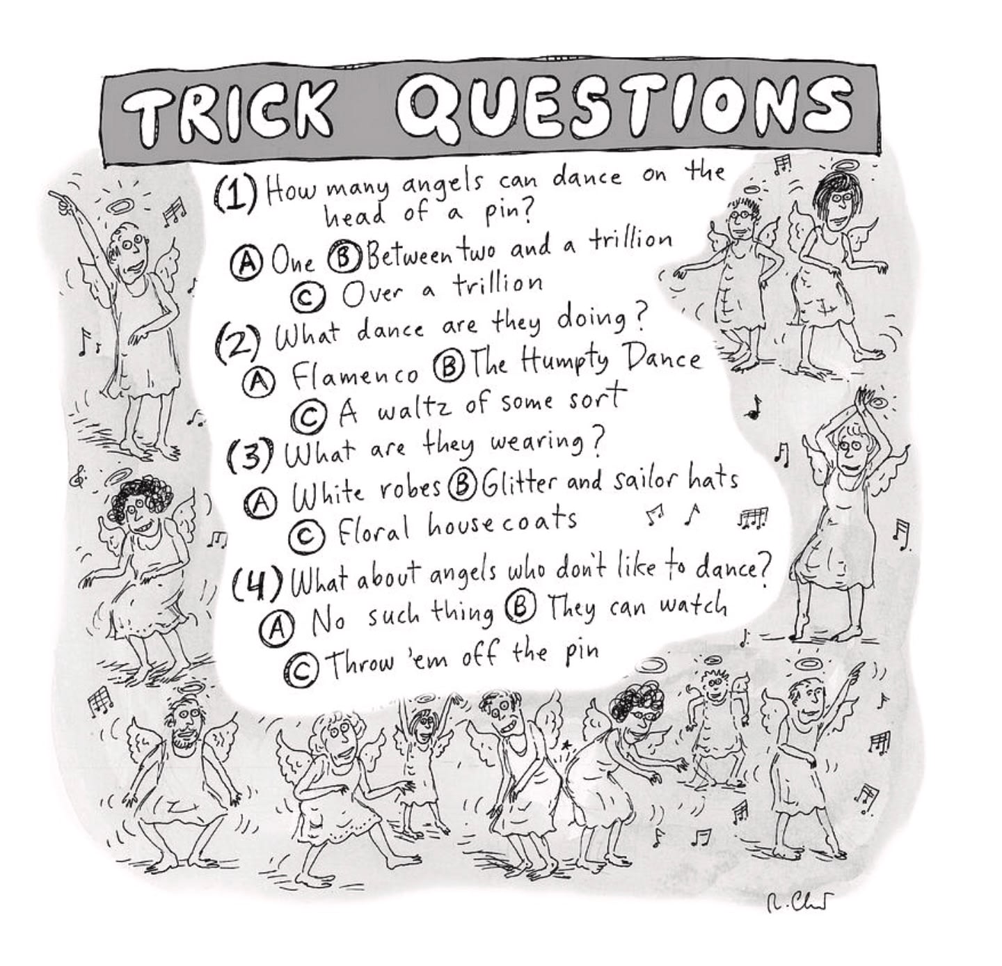 Five multiple choice questions about angels surrounded by illustrations of angels.