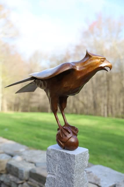 bronze hawk, perched on large acorn
