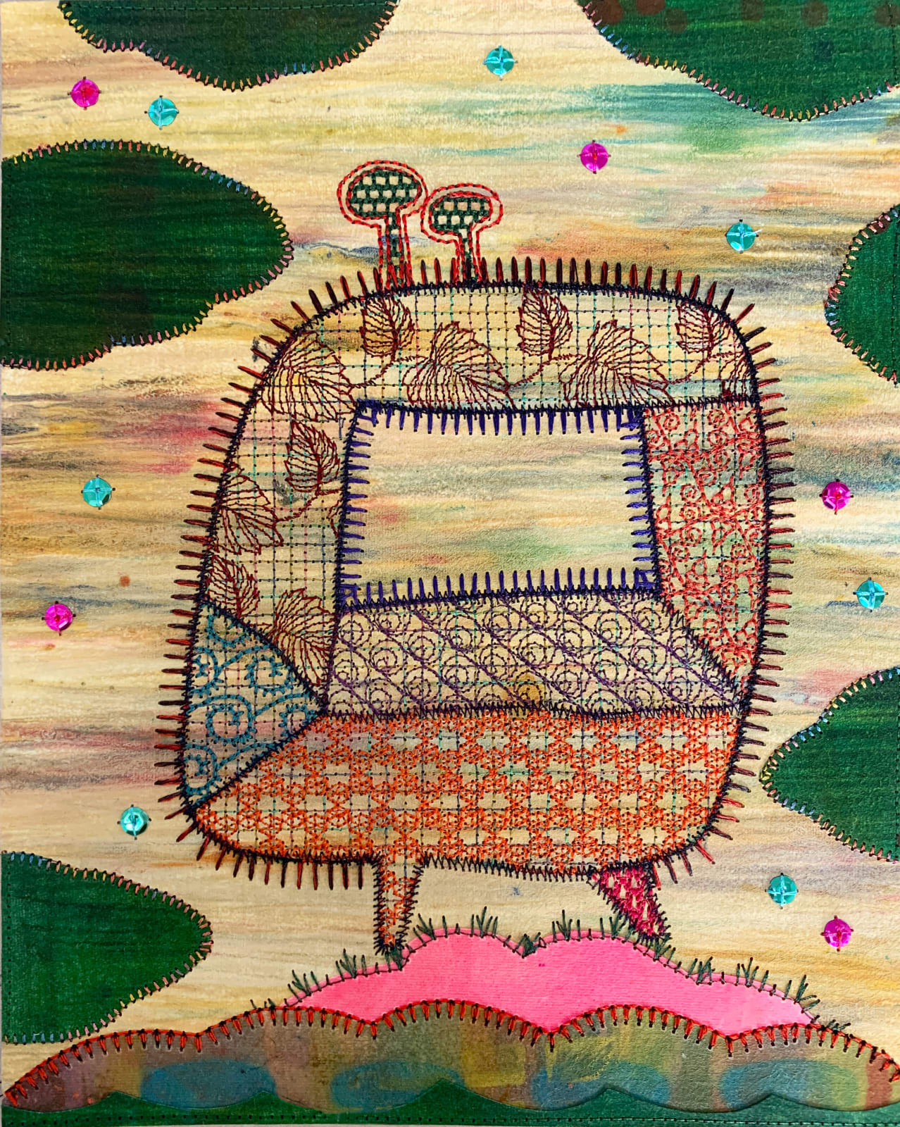 Leslie Giuliani King of the Hill , 2021 Embroidery and sequins on encaustic on microfiber 10 x 8 inches (GUILIANI 3)
