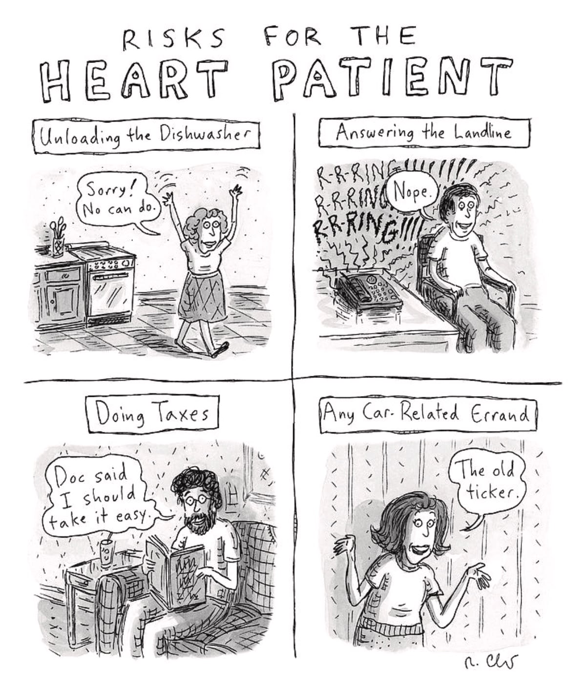 Four panels titled “emptying the dishwasher,” “answering the landline,” “doing taxes,” and “any car-related errands”