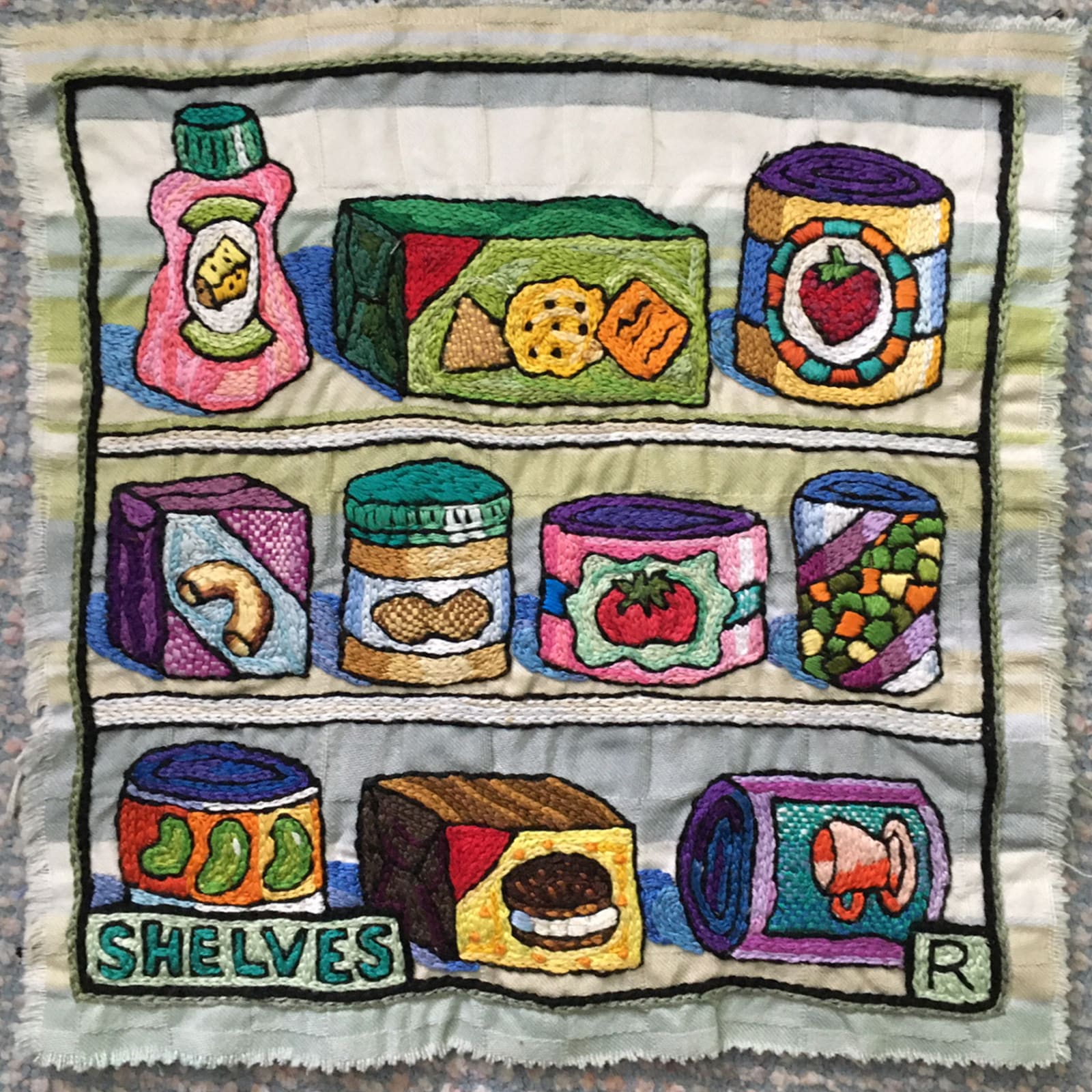 Roz Chast Shelves, 2020 hand embroidery 12 x 12 inches (CHAST 13)